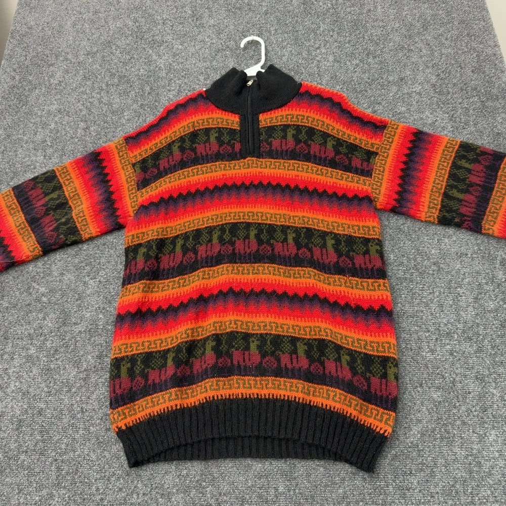Vintage Sweater Mens L Multi Alpaca Llama Quarter Zip Mock Neck Boho